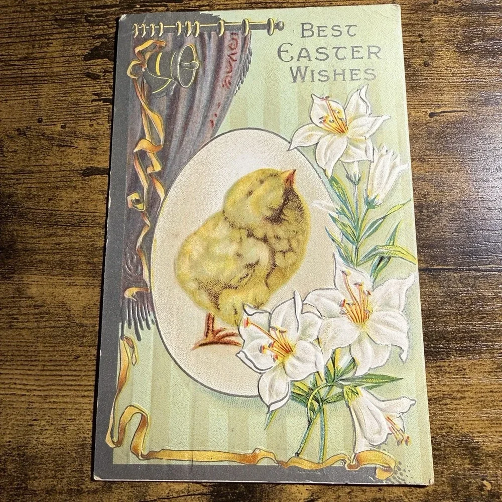 VTG BEST EASTER WISHES Postcard Chick Lily‎ Embossed 1914 USA Ephemera Antique